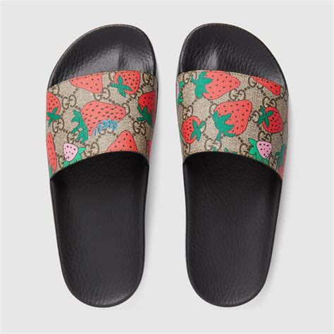 outfits with gucci bloom slides|Gucci slides with strawberry.